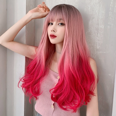 Atmosphere gradient mermaid pink long curly hair,wig 01