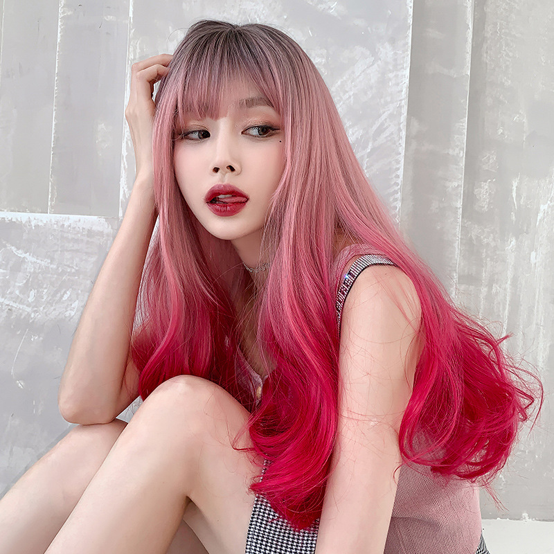 Atmosphere gradient mermaid pink long curly hair,wig