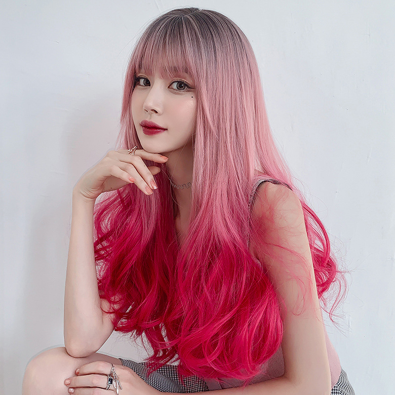 Atmosphere gradient mermaid pink long curly hair,wig