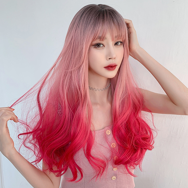 Atmosphere gradient mermaid pink long curly hair,wig