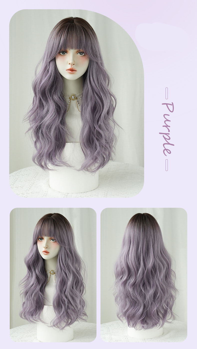 Atmosphere gray purple long curly headband with bangs,wig
