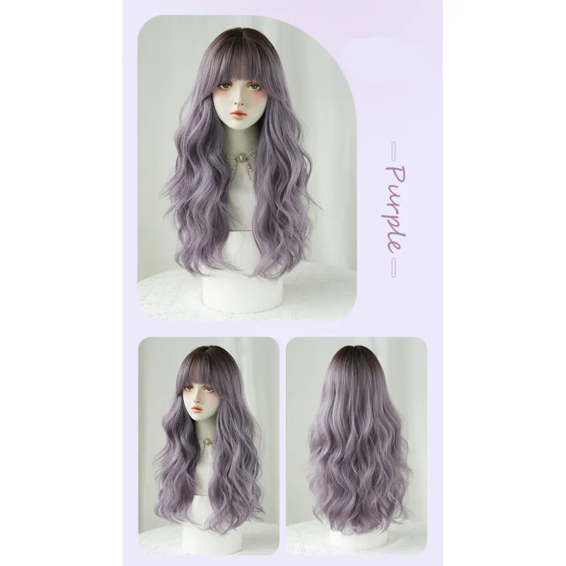 Atmosphere gray purple long curly headband with bangs,wig