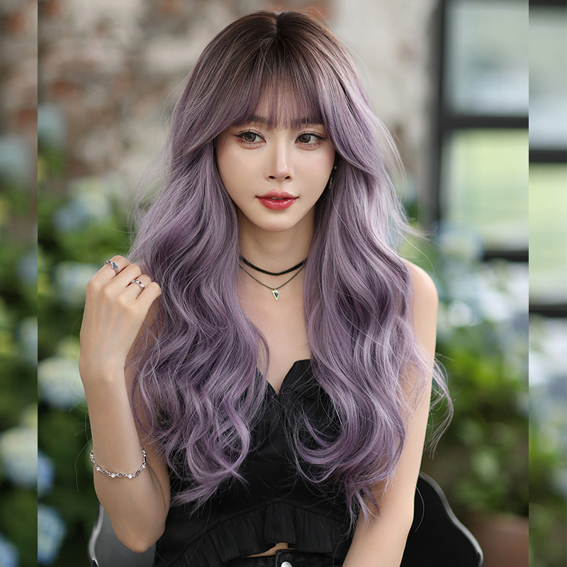 Atmosphere gray purple long curly headband with bangs,wig