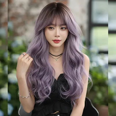 Atmosphere gray purple long curly headband with bangs,wig 01
