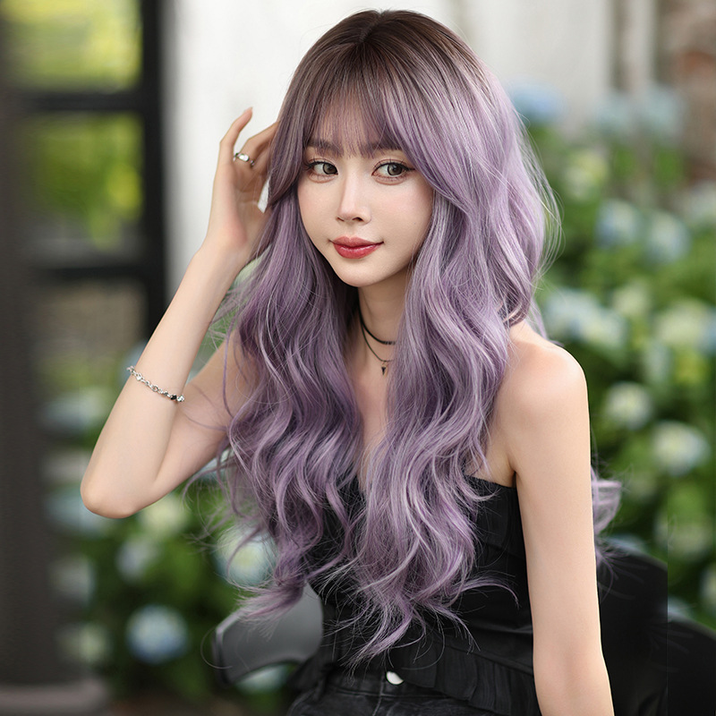 Atmosphere gray purple long curly headband with bangs,wig