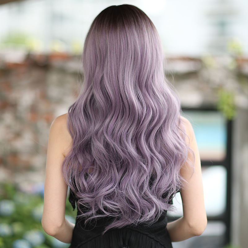 Atmosphere gray purple long curly headband with bangs,wig