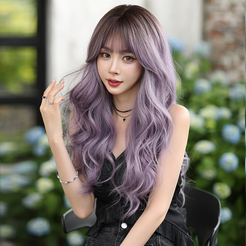Atmosphere gray purple long curly headband with bangs,wig