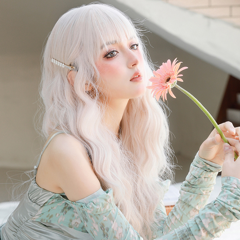 Atmosphere silver pink Chicken rolls with bangs,wig