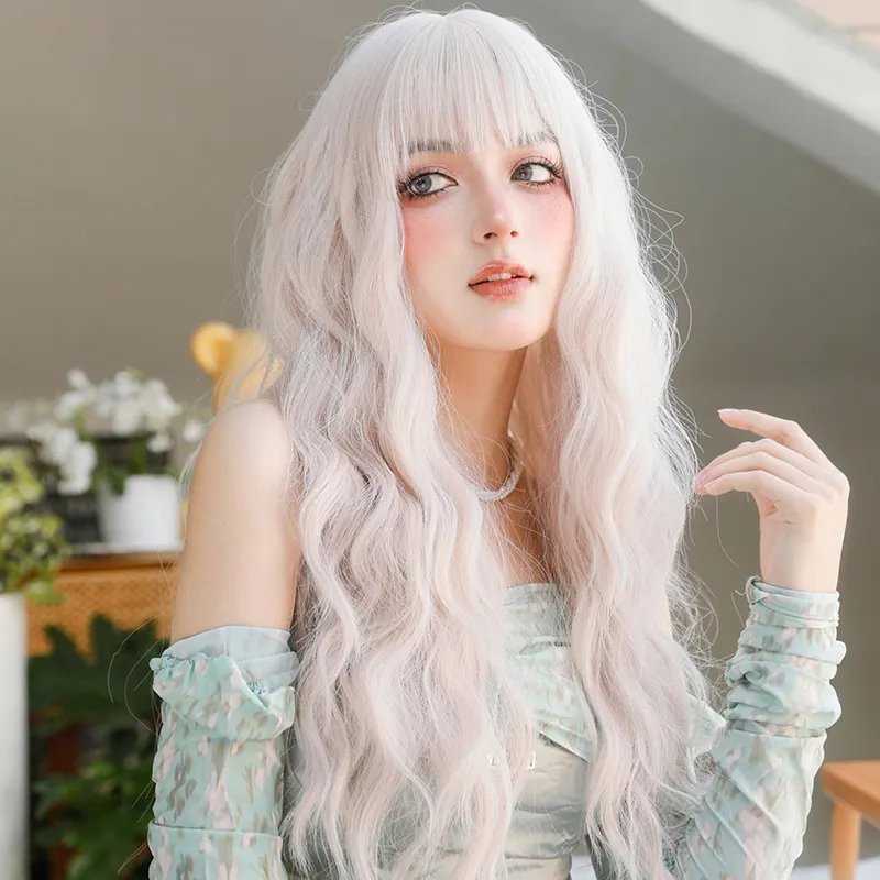 Atmosphere silver pink Chicken rolls with bangs,wig
