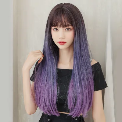 Blue purple gradient long straight hair with bangs,wig 01