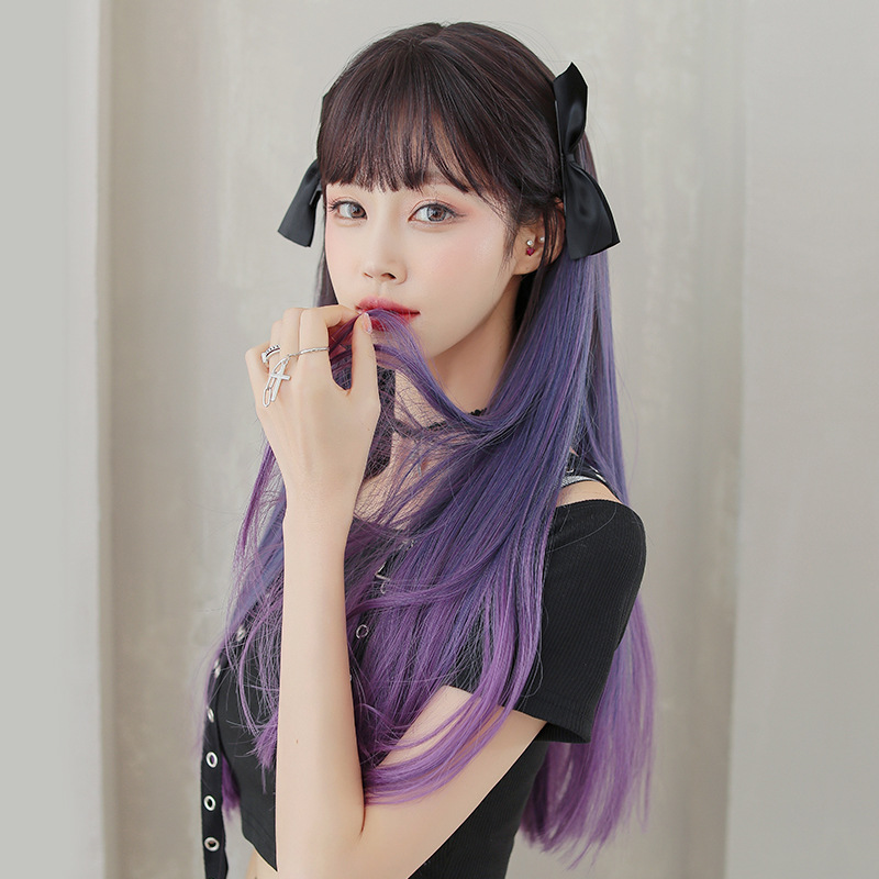 Blue purple gradient long straight hair with bangs,wig