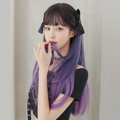 Blue purple gradient long straight hair with bangs,wig 02
