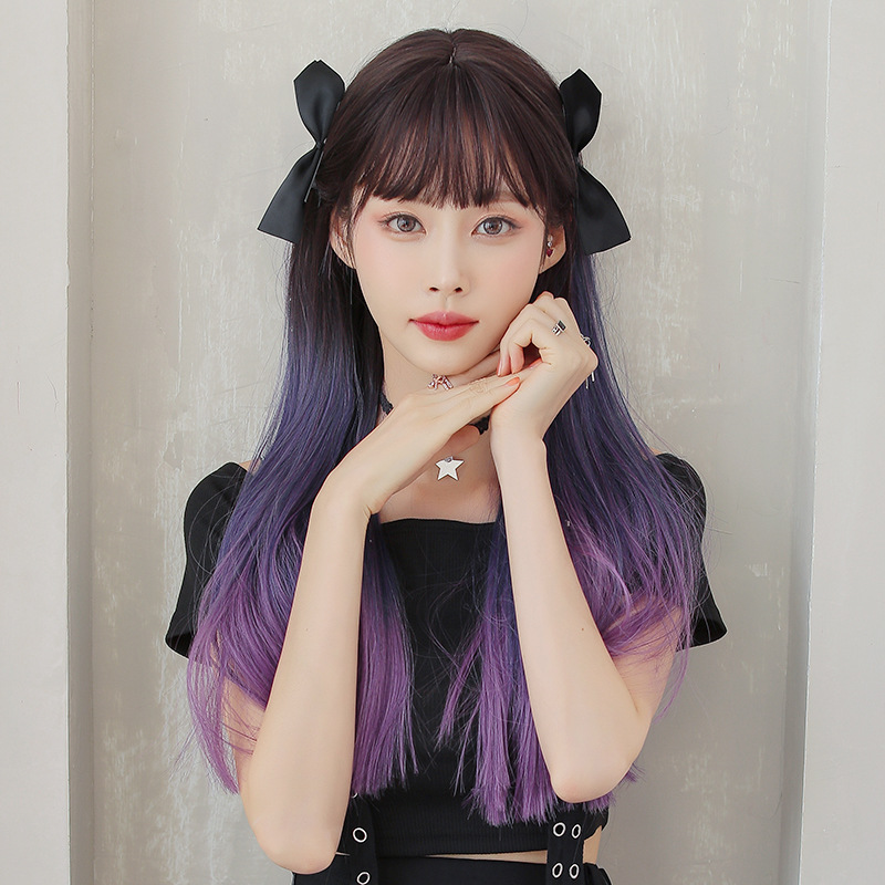 Blue purple gradient long straight hair with bangs,wig