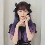 Blue purple gradient long straight hair with bangs,wig