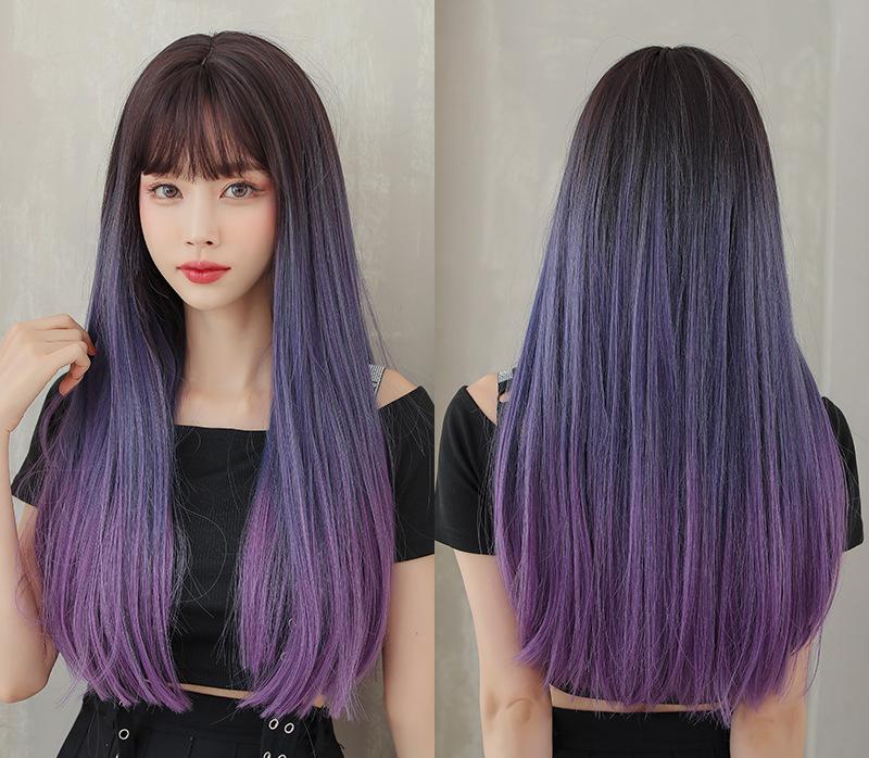 Blue purple gradient long straight hair with bangs,wig