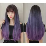 Blue purple gradient long straight hair with bangs,wig
