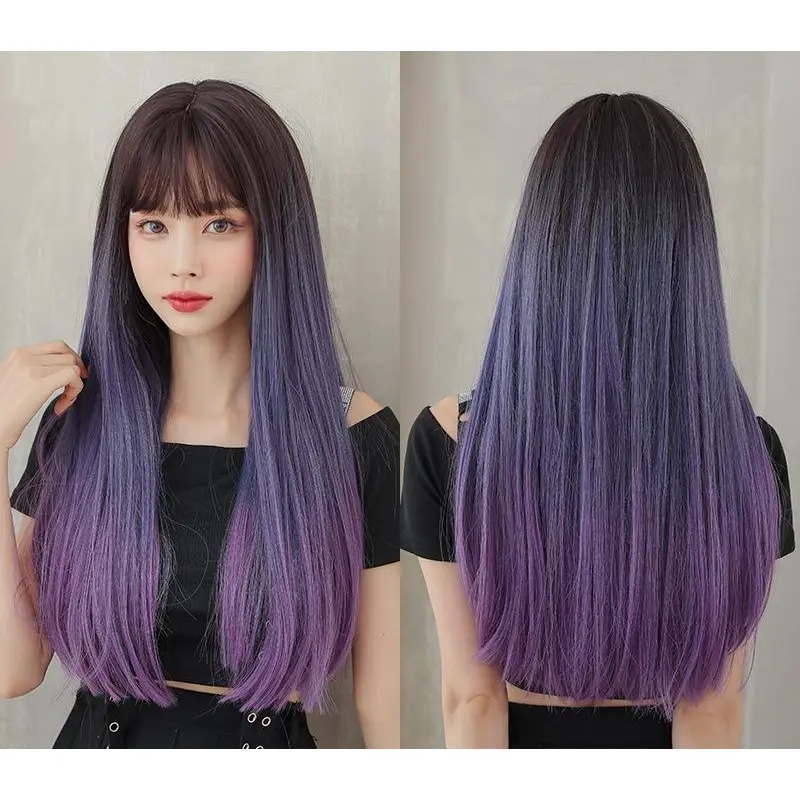 Blue purple gradient long straight hair with bangs,wig