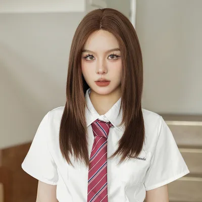 Chestnut brown medium length straight hair,wig 01