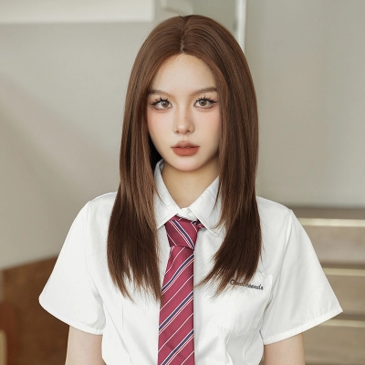 Chestnut brown medium length straight hair,wig 01