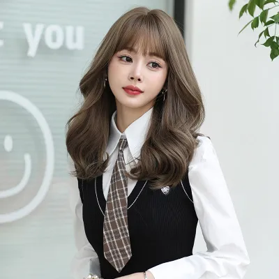 Linen brown gray sweet cool long curly hair,wig 01