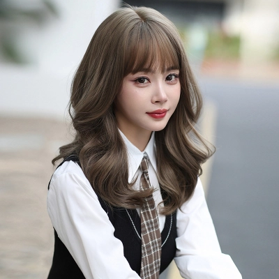 Linen brown gray sweet cool long curly hair,wig 02