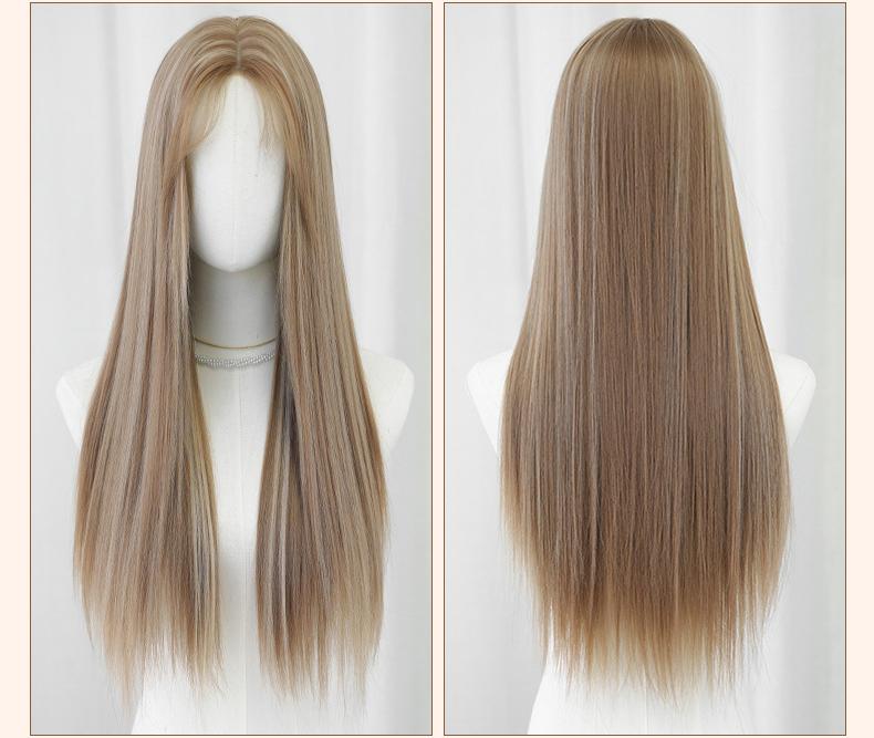Linen Brown Pickled Medium Split Long Straight Hair,wig