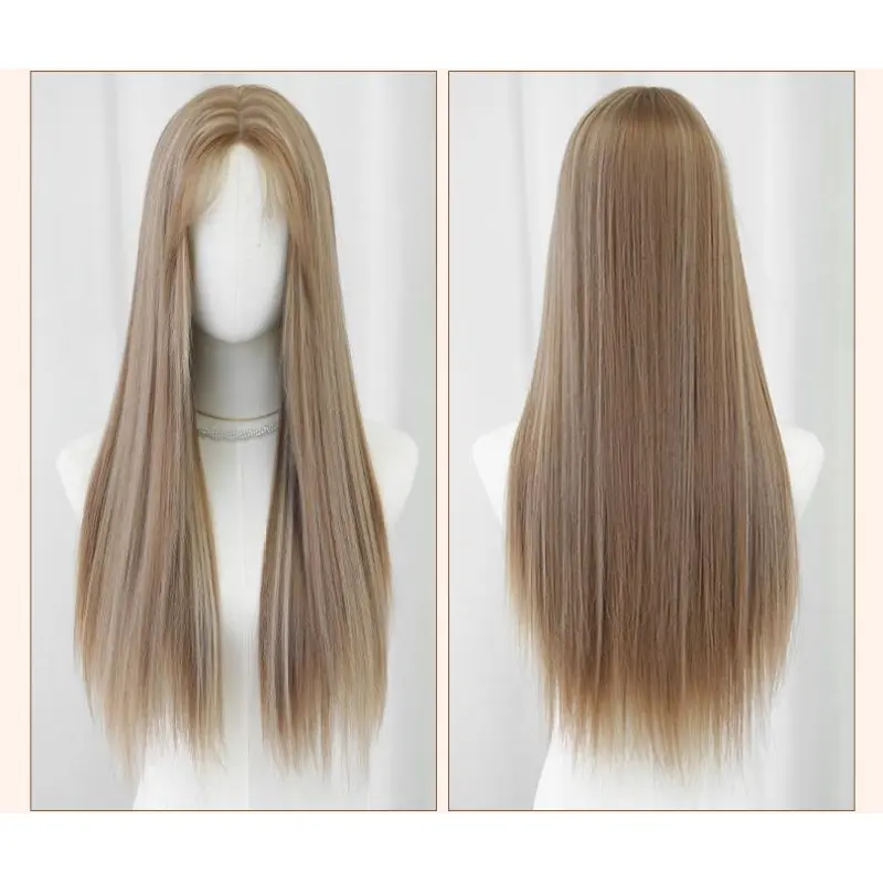 Linen Brown Pickled Medium Split Long Straight Hair,wig