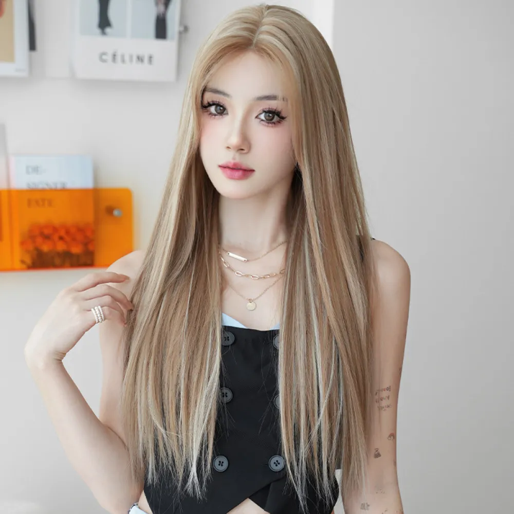 Linen Brown Pickled Medium Split Long Straight Hair,wig