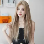 Linen Brown Pickled Medium Split Long Straight Hair,wig