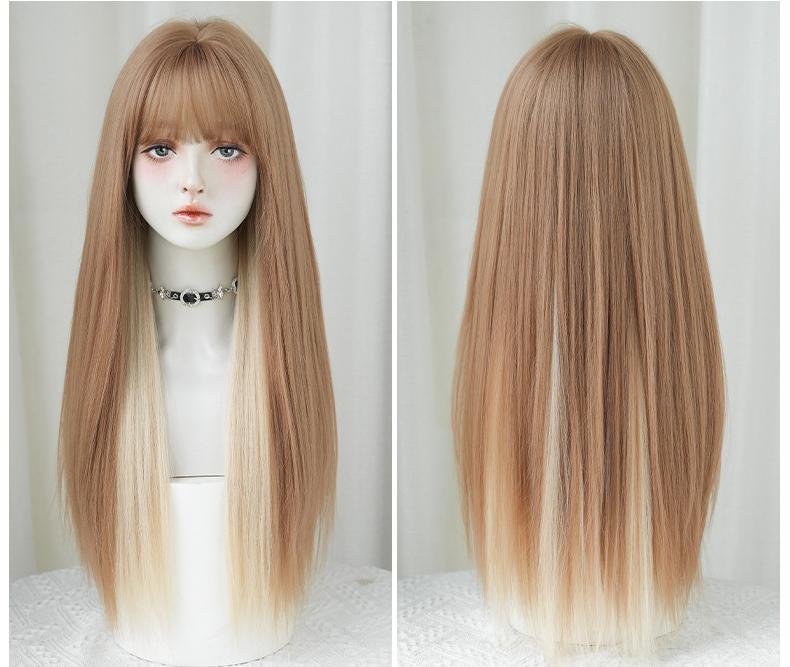 Malt light gold highlights long straight hair with bangs,wig