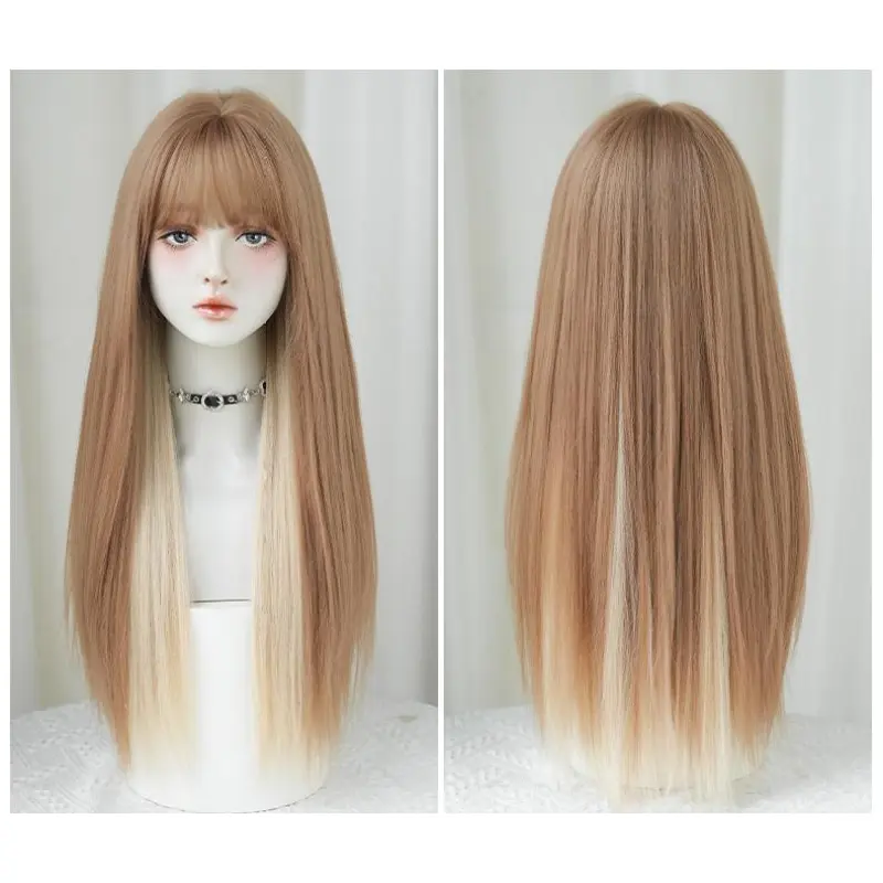 Malt light gold highlights long straight hair with bangs,wig