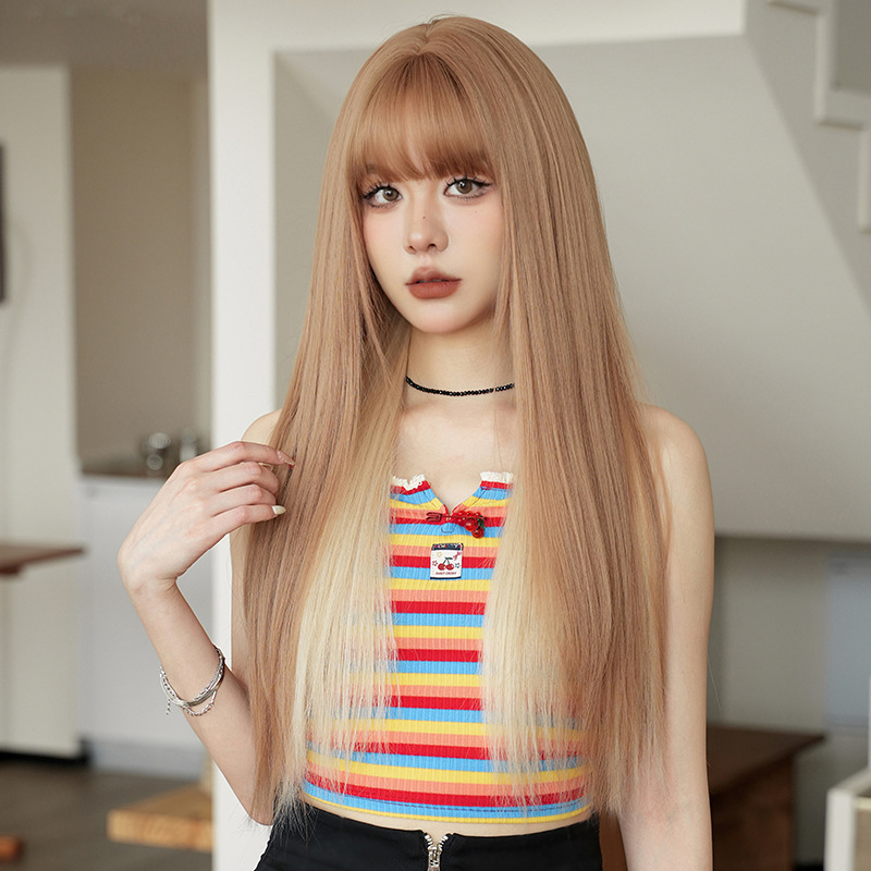 Malt light gold highlights long straight hair with bangs,wig