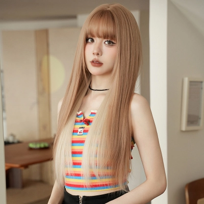 Malt light gold highlights long straight hair with bangs,wig 02