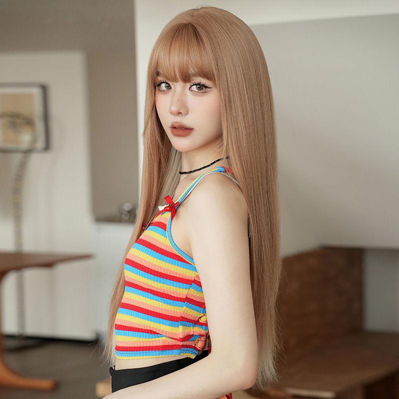 Malt light gold highlights long straight hair with bangs,wig