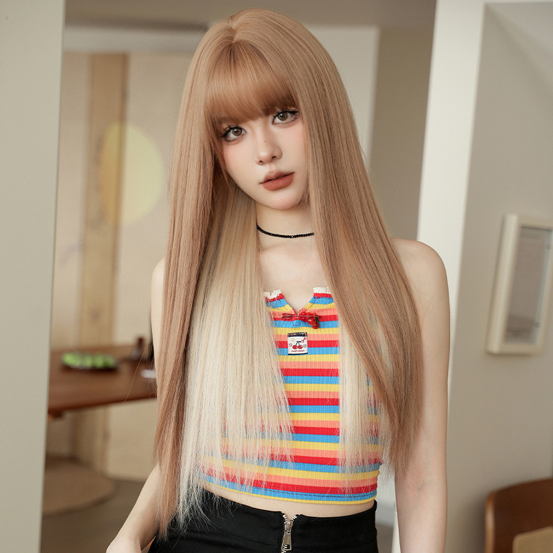 Malt light gold highlights long straight hair with bangs,wig