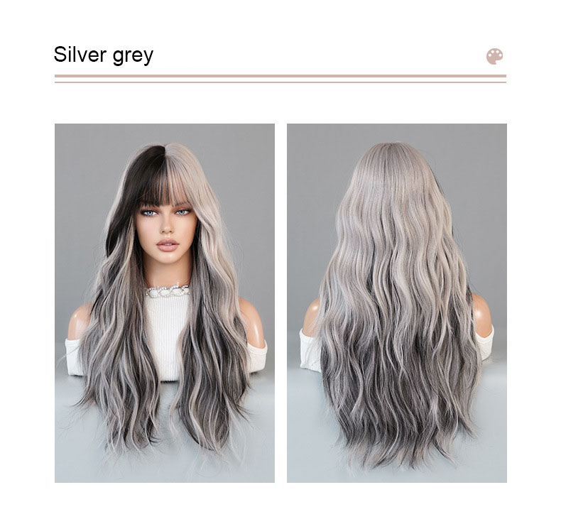 Pickled silver gray powder with large waves and long curly hair,wig