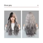 Pickled silver gray powder with large waves and long curly hair,wig