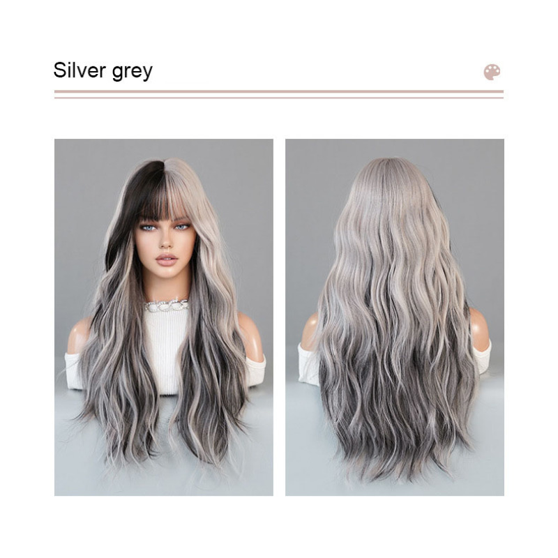 Pickled silver gray powder with large waves and long curly hair,wig