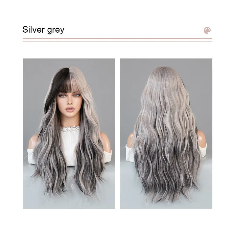 Pickled silver gray powder with large waves and long curly hair,wig