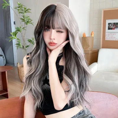 Pickled silver gray powder with large waves and long curly hair,wig 01