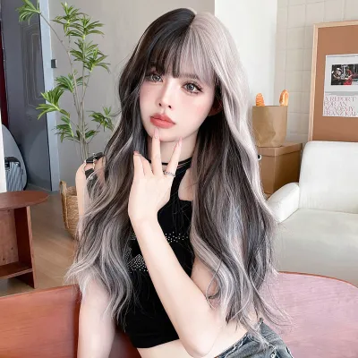 Pickled silver gray powder with large waves and long curly hair,wig 02