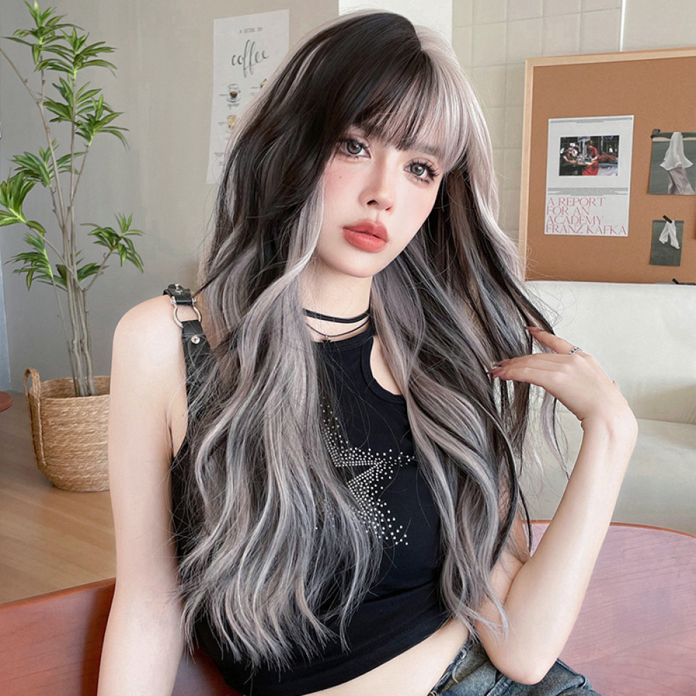 Pickled silver gray powder with large waves and long curly hair,wig