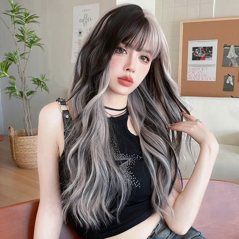 Pickled silver gray powder with large waves and long curly hair,wig
