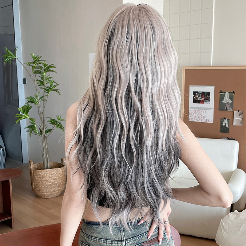 Pickled silver gray powder with large waves and long curly hair,wig