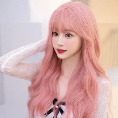Pink orange energetic girl with long curly hair,wig 01