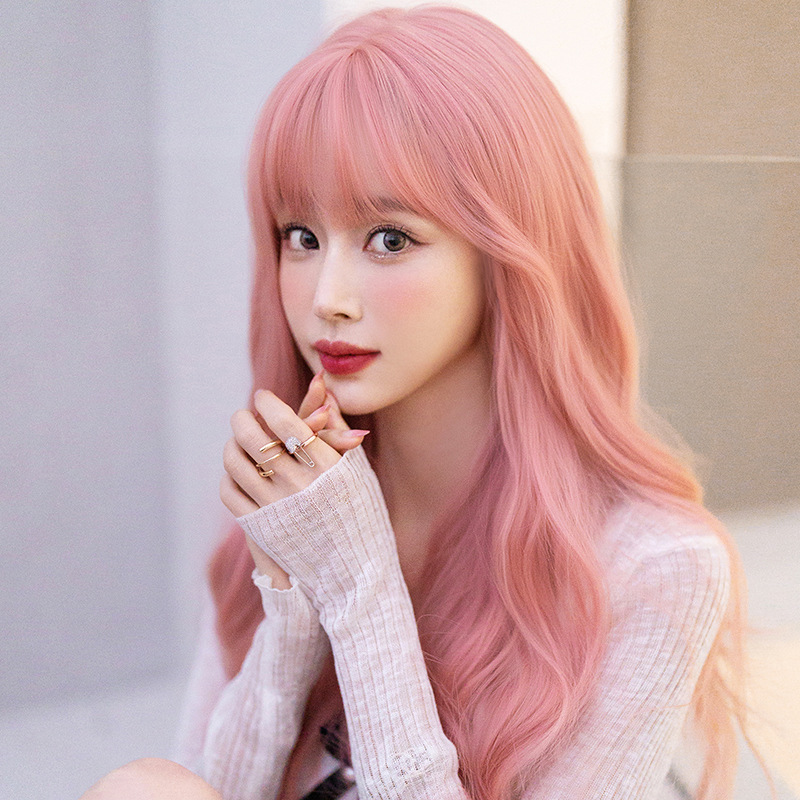 Pink orange energetic girl with long curly hair,wig