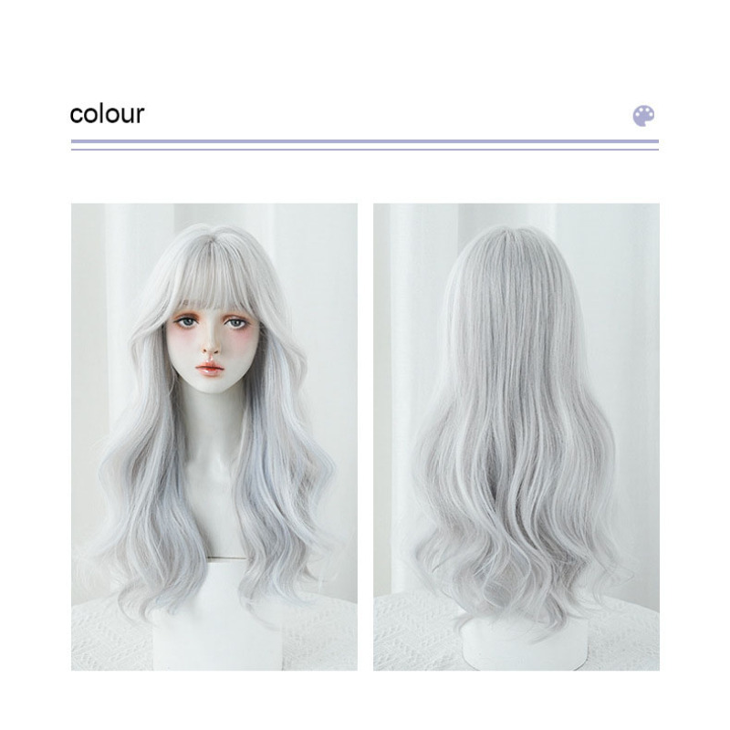 Silver blue pick color long curly headband with bangs,wig