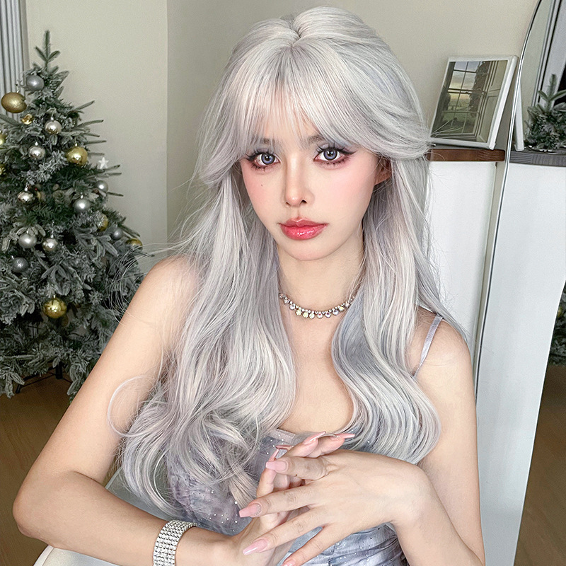 Silver blue pick color long curly headband with bangs,wig