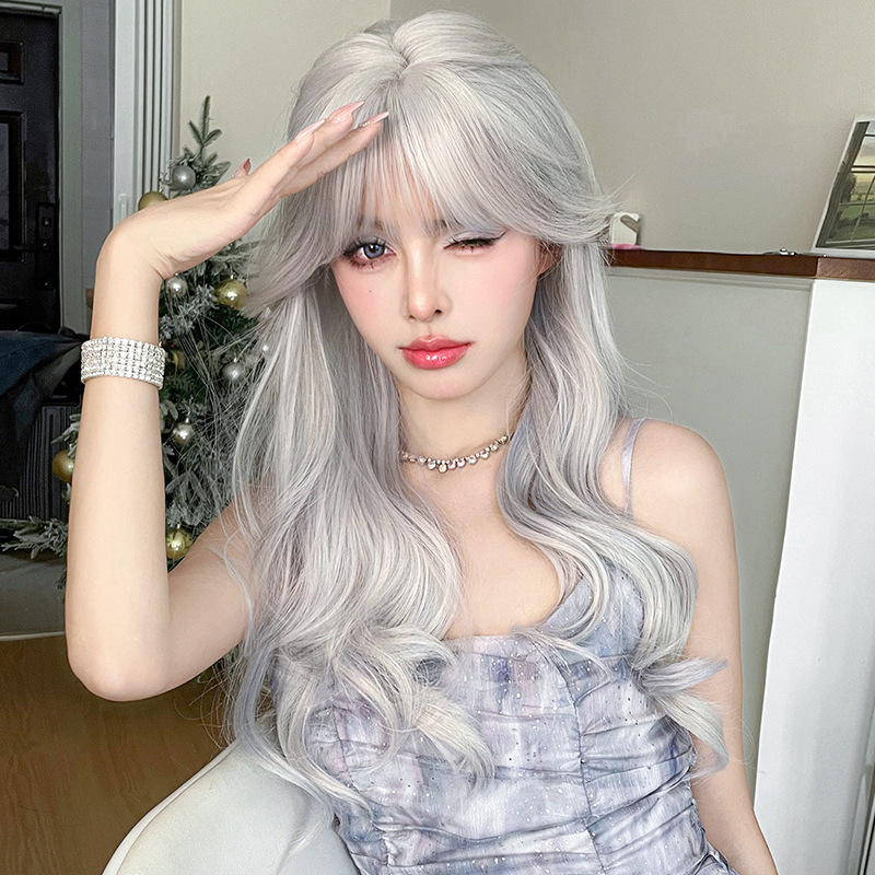 Silver blue pick color long curly headband with bangs,wig
