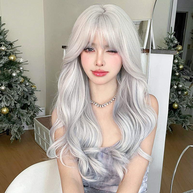 Silver blue pick color long curly headband with bangs,wig
